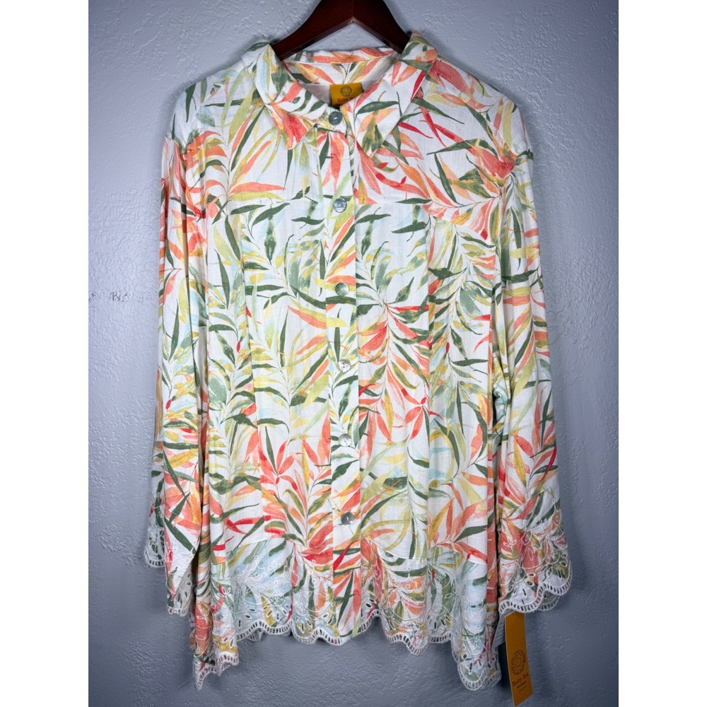 Ruby Rd Woman 3X Tropical Palm Print Linen Blend Button Front Eyelet Lace Top